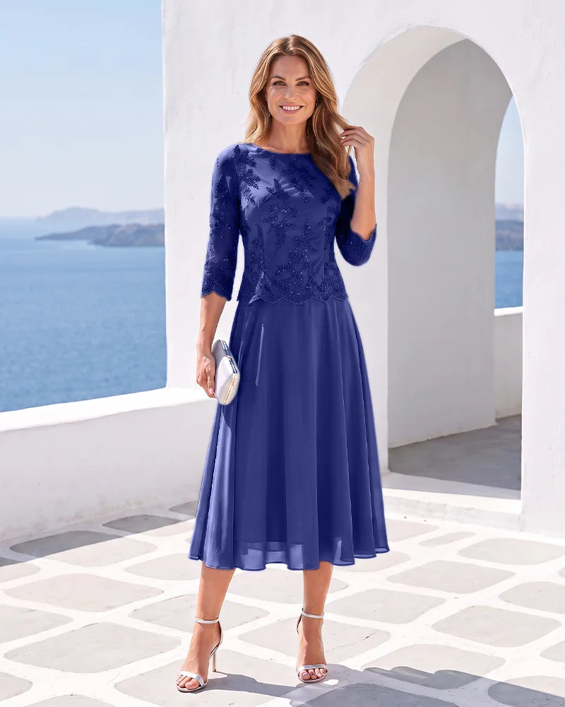 Mock Two‑Piece Chiffon Midi Mother of the Bride Dress