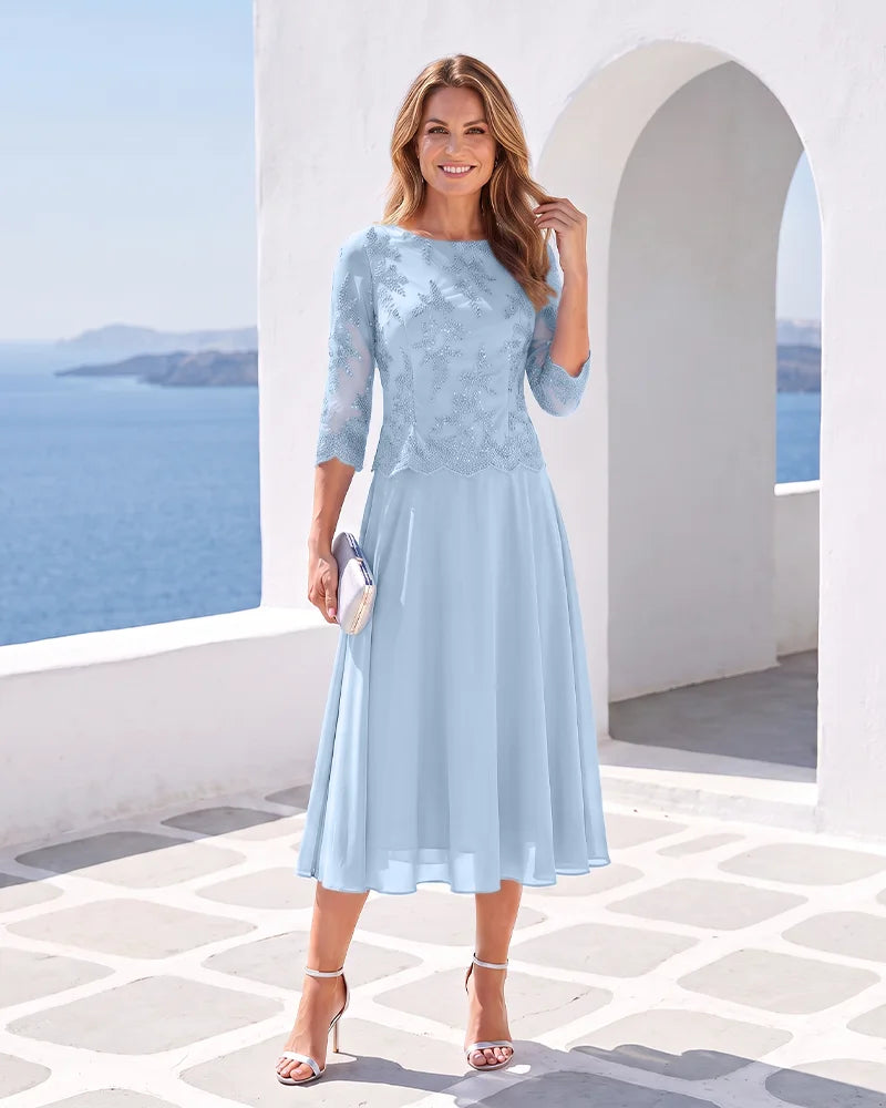 Mock Two‑Piece Chiffon Midi Mother of the Bride Dress