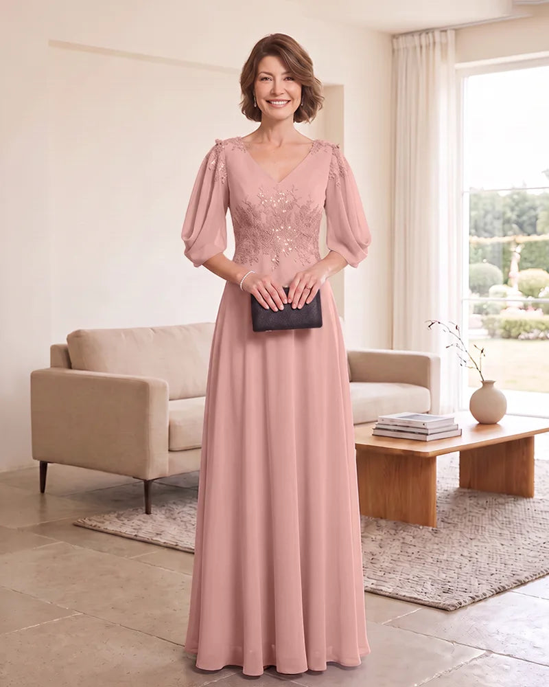 Floor‑Length Mother of the Bride Dress with Puff Sleeves