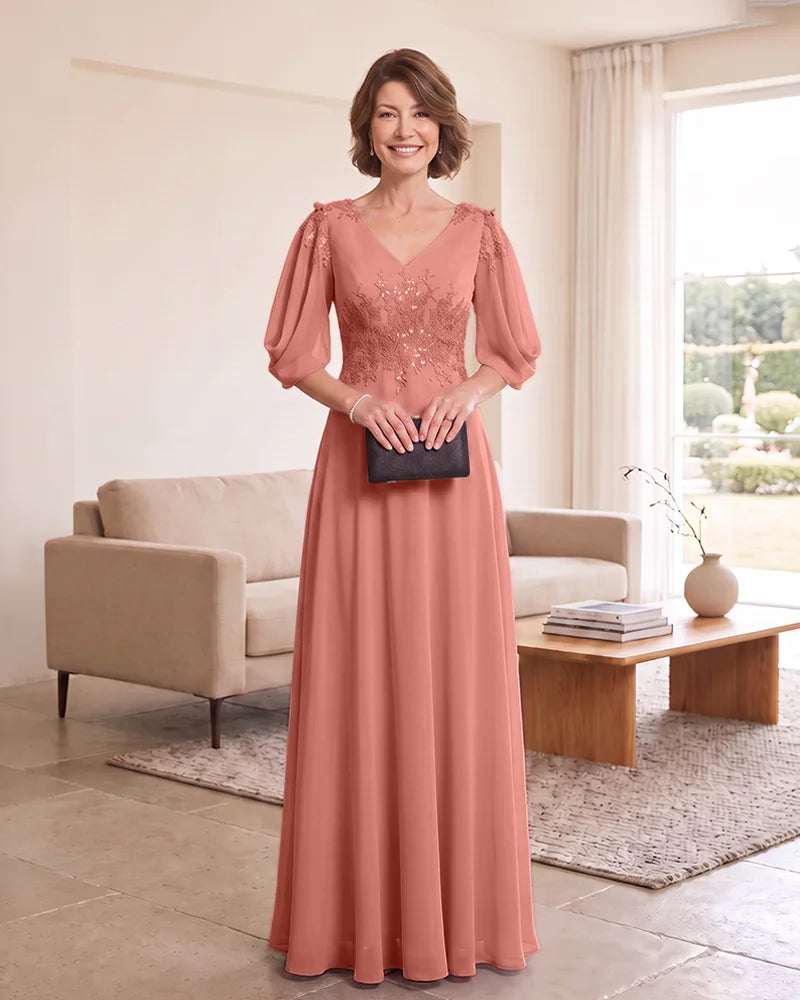 Floor‑Length Mother of the Bride Dress with Puff Sleeves