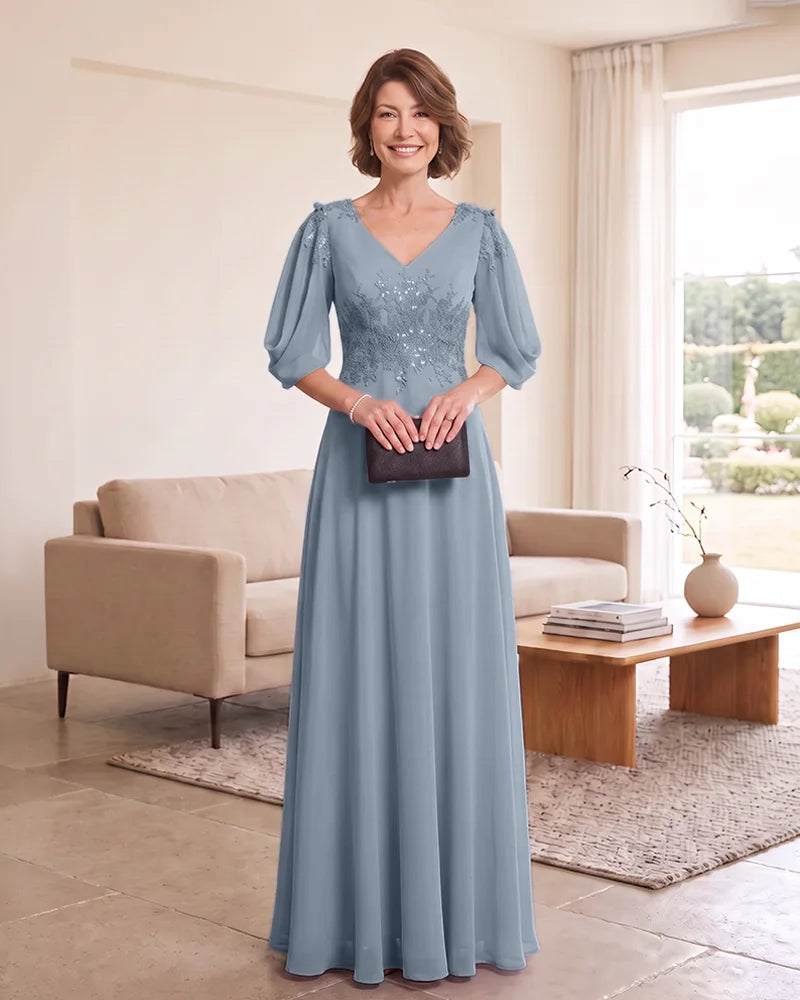 Floor‑Length Mother of the Bride Dress with Puff Sleeves