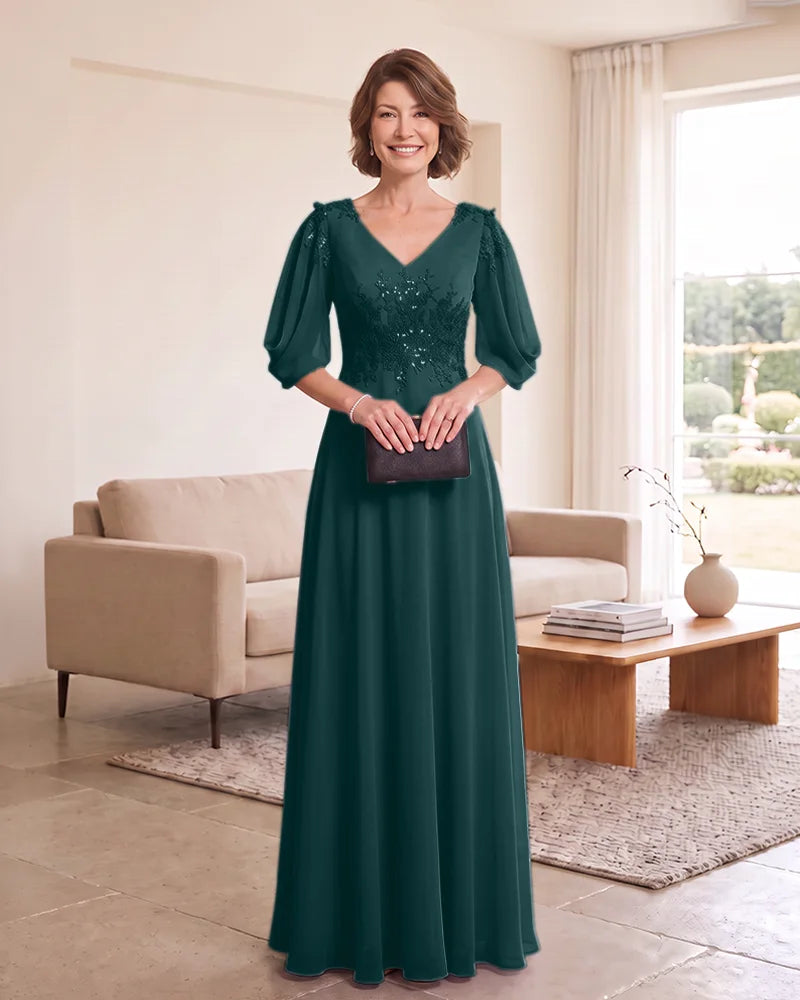 Floor‑Length Mother of the Bride Dress with Puff Sleeves