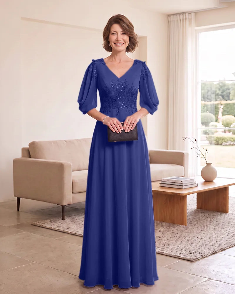 Floor‑Length Mother of the Bride Dress with Puff Sleeves