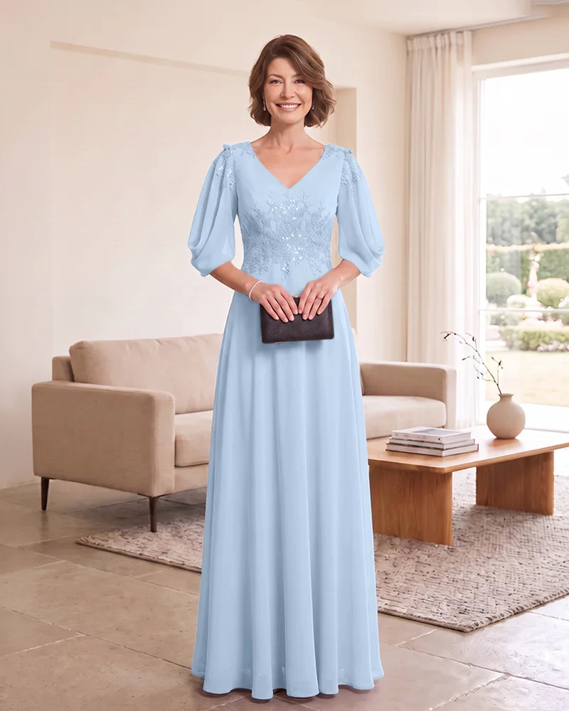 Floor‑Length Mother of the Bride Dress with Puff Sleeves