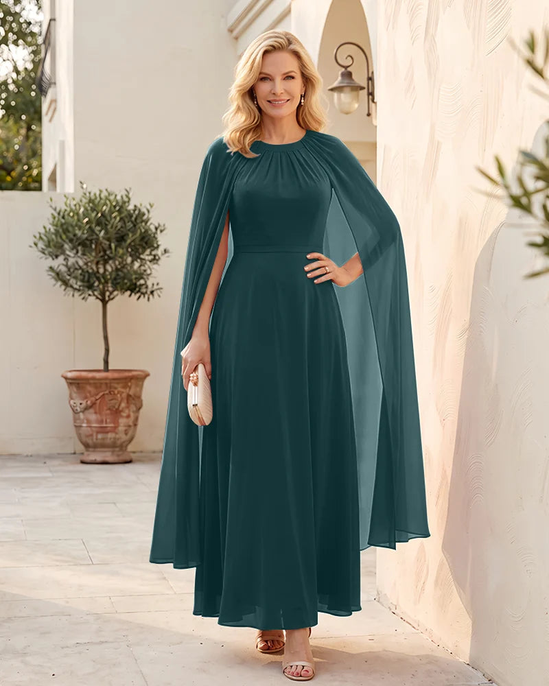 Gathered Neck A-Line Mother of the Bride Dress with Cape