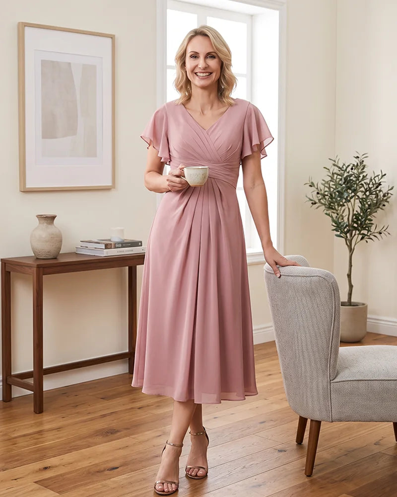 V Neck Flutter Sleeve Midi Chiffon Mother of the Bride Dress