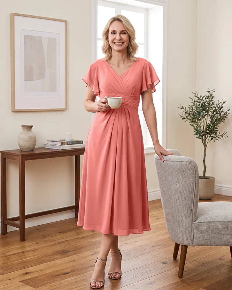 V Neck Flutter Sleeve Midi Chiffon Mother of the Bride Dress