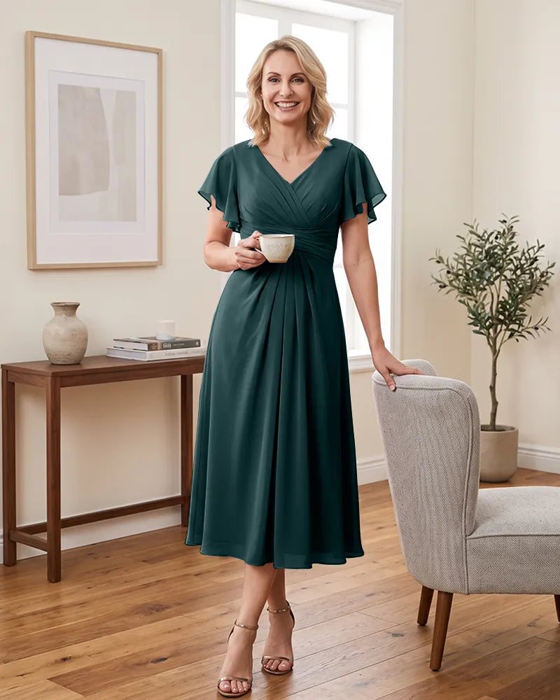 V Neck Flutter Sleeve Midi Chiffon Mother of the Bride Dress