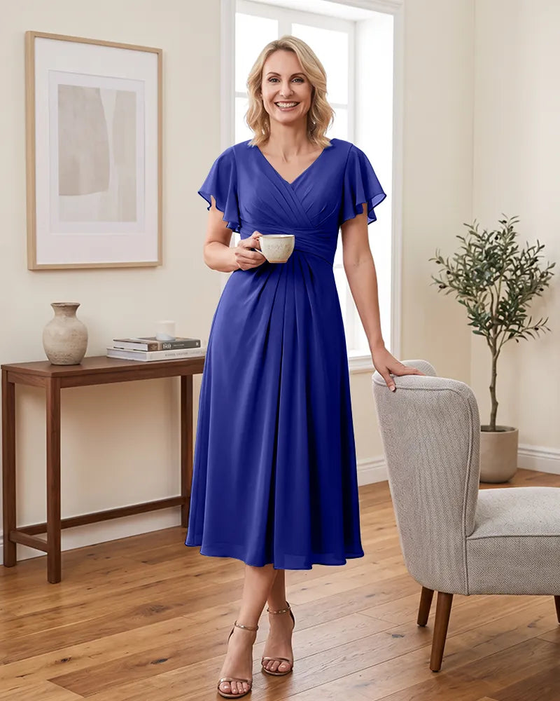 V Neck Flutter Sleeve Midi Chiffon Mother of the Bride Dress