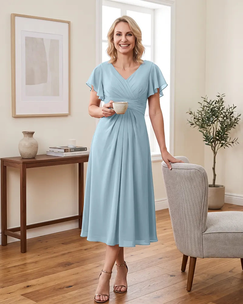 V Neck Flutter Sleeve Midi Chiffon Mother of the Bride Dress