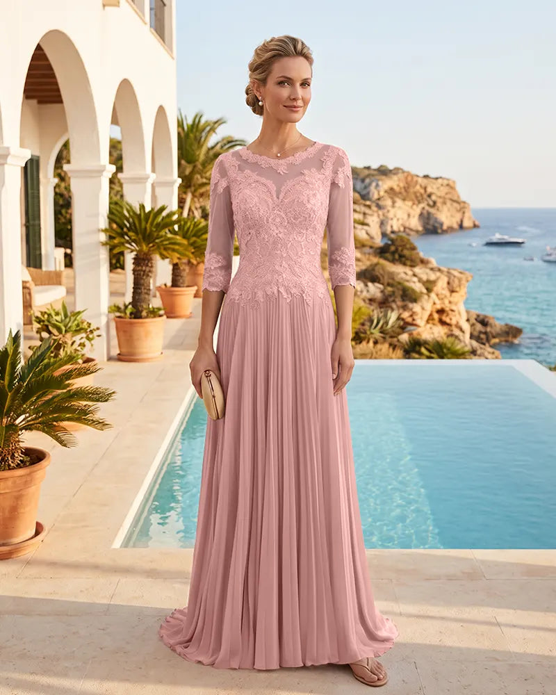 Scalloped Lace 3/4 Sleeves Chiffon Mother of the Bride Dress