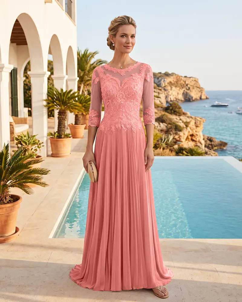 Scalloped Lace 3/4 Sleeves Chiffon Mother of the Bride Dress