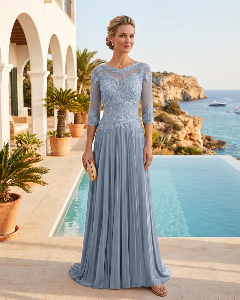 Scalloped Lace 3/4 Sleeves Chiffon Mother of the Bride Dress