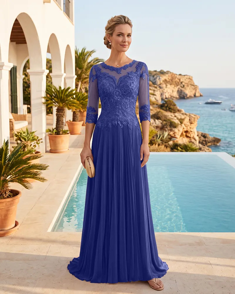 Scalloped Lace 3/4 Sleeves Chiffon Mother of the Bride Dress