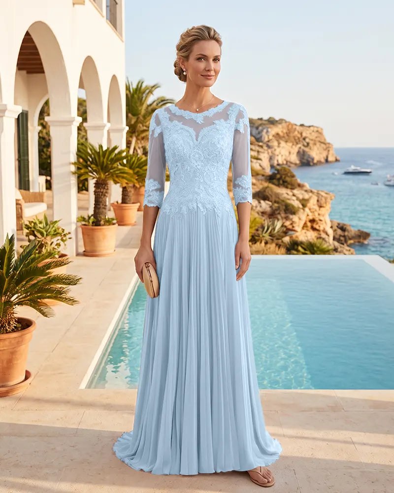 Scalloped Lace 3/4 Sleeves Chiffon Mother of the Bride Dress
