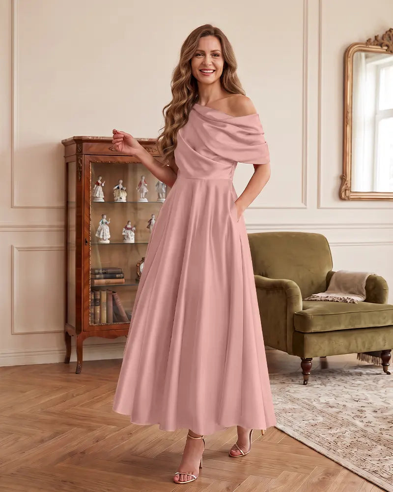 One Shoulder Draped Mother of the Bride Dress With Pockets