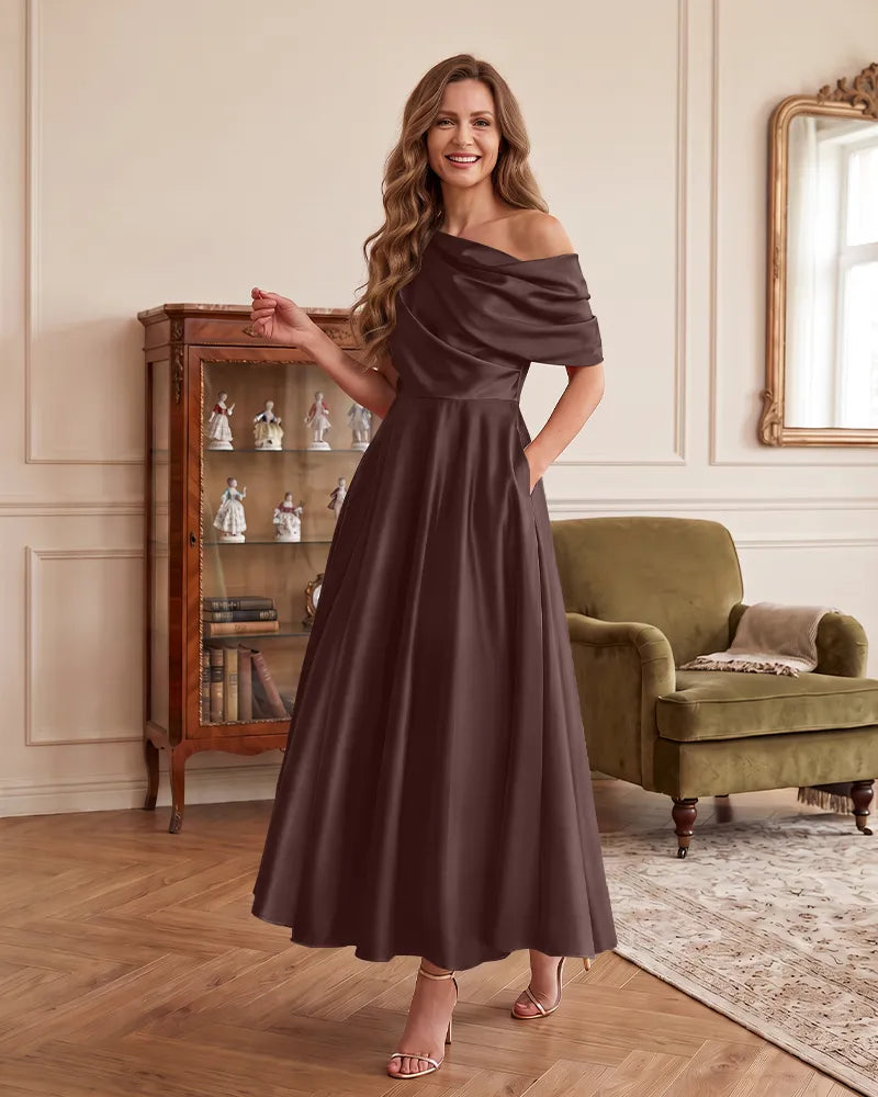 One Shoulder Draped Mother of the Bride Dress With Pockets