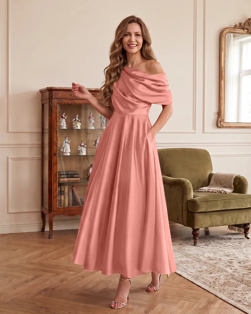 One Shoulder Draped Mother of the Bride Dress With Pockets