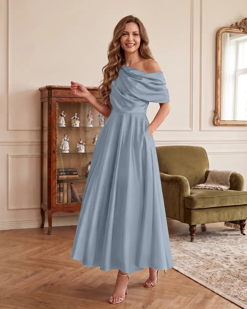 One Shoulder Draped Mother of the Bride Dress With Pockets