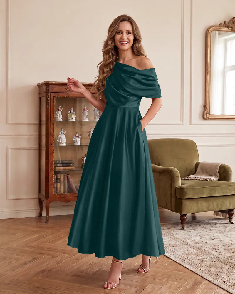 One Shoulder Draped Mother of the Bride Dress With Pockets