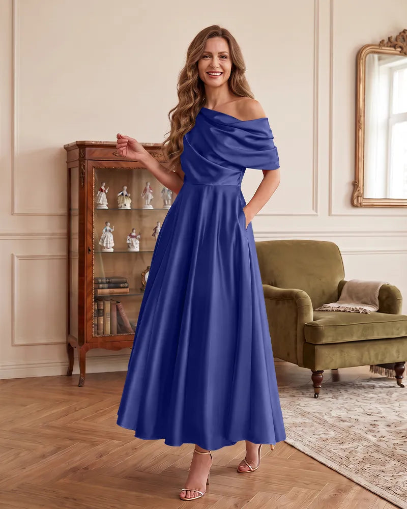 One Shoulder Draped Mother of the Bride Dress With Pockets