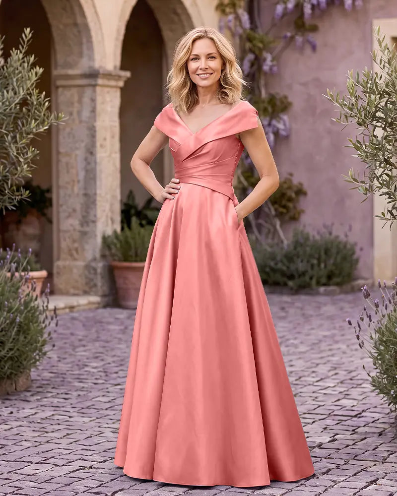 V Neck Cap Sleeve Floor Length Mother of the Bride Dress