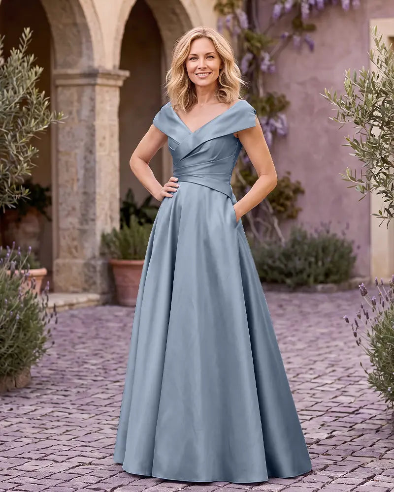 V Neck Cap Sleeve Floor Length Mother of the Bride Dress