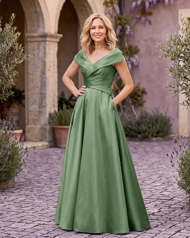V Neck Cap Sleeve Floor Length Mother of the Bride Dress