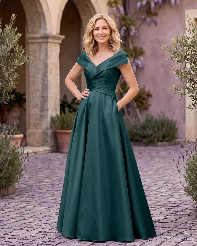 V Neck Cap Sleeve Floor Length Mother of the Bride Dress