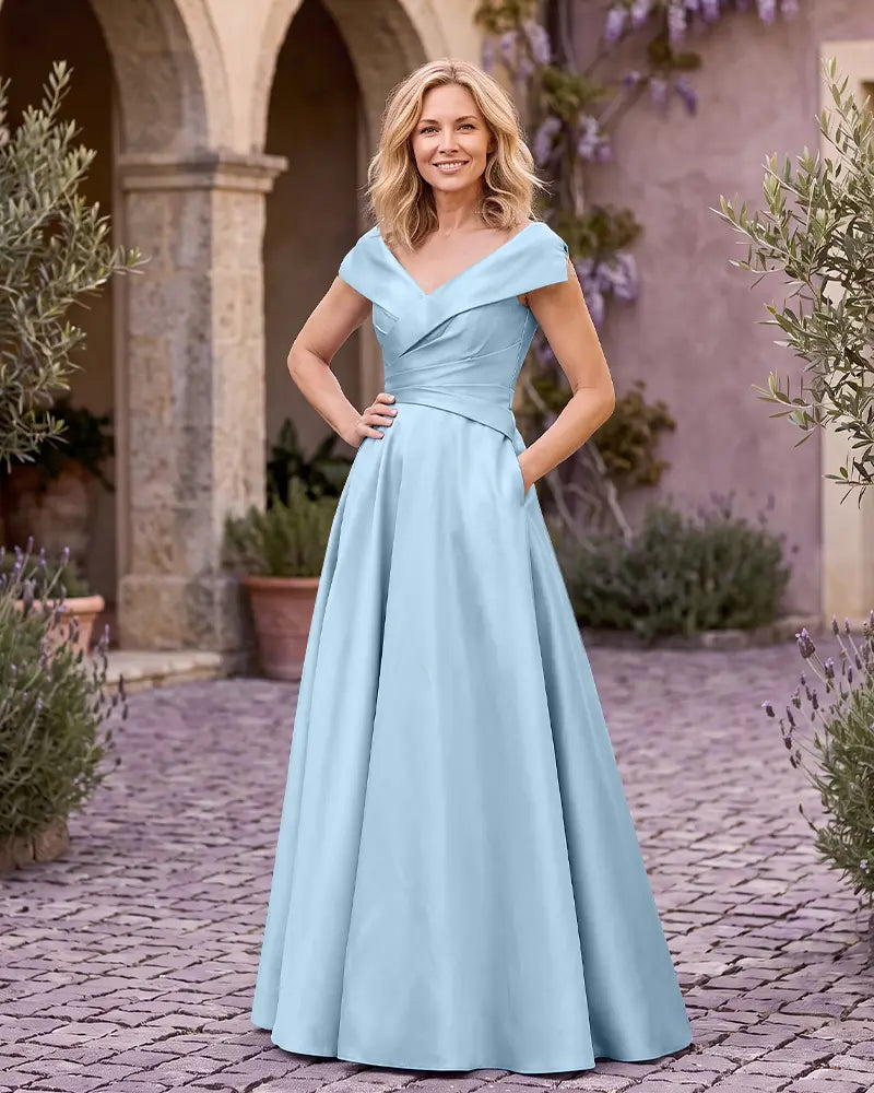 V Neck Cap Sleeve Floor Length Mother of the Bride Dress