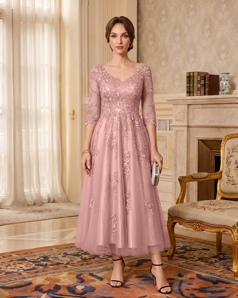 Floral Lace Applique Midi A‑Line Mother of the Bride Dress