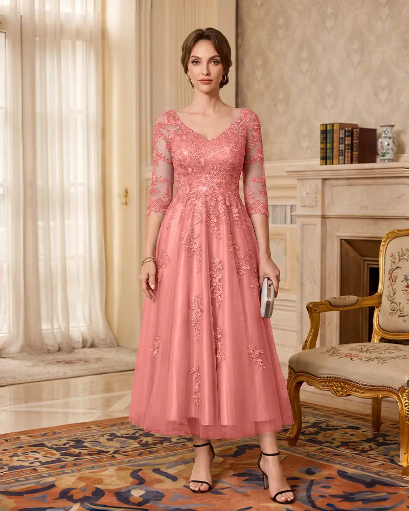 Floral Lace Applique Midi A‑Line Mother of the Bride Dress