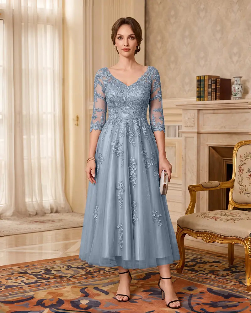 Floral Lace Applique Midi A‑Line Mother of the Bride Dress