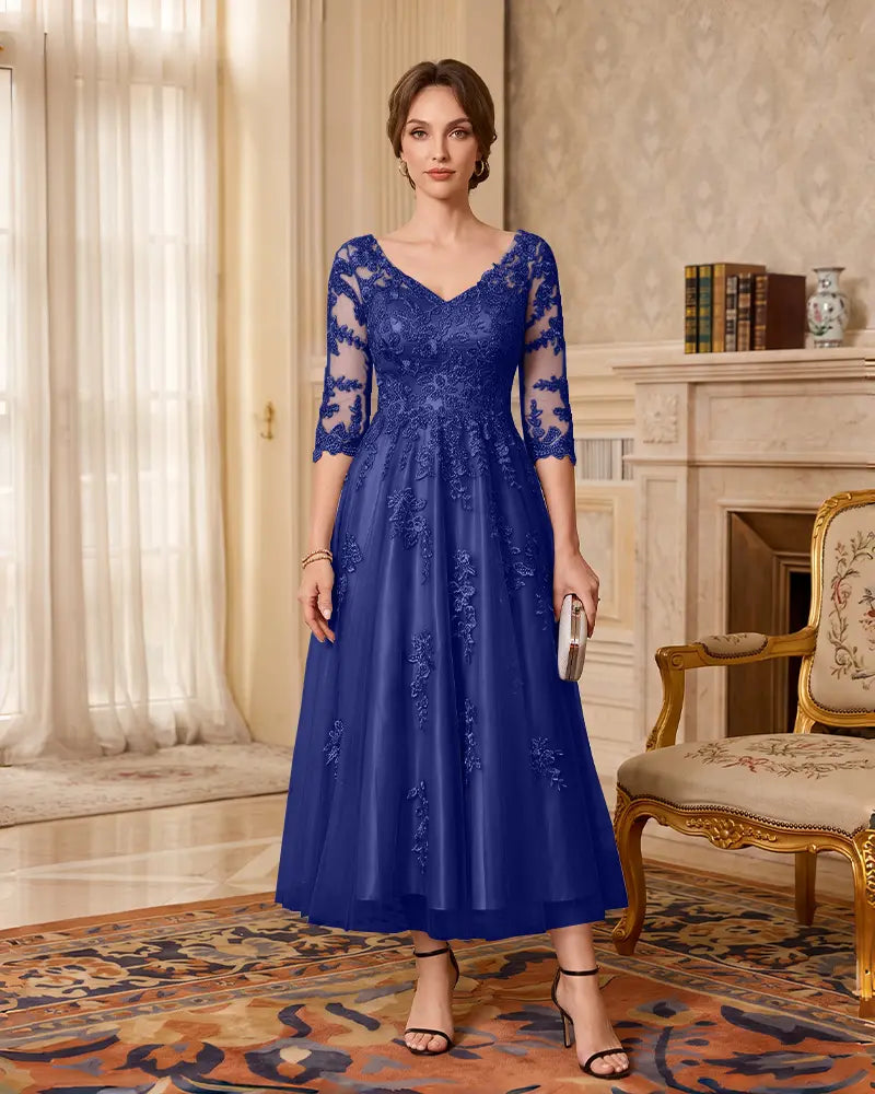 Floral Lace Applique Midi A‑Line Mother of the Bride Dress