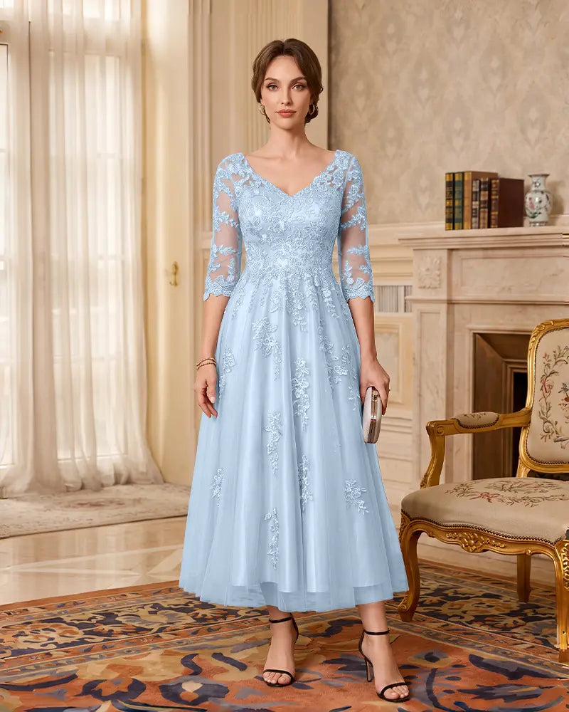 Floral Lace Applique Midi A‑Line Mother of the Bride Dress