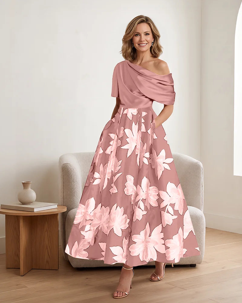 Asymmetrical Draped Bodice Floral Mother of the Bride Dress