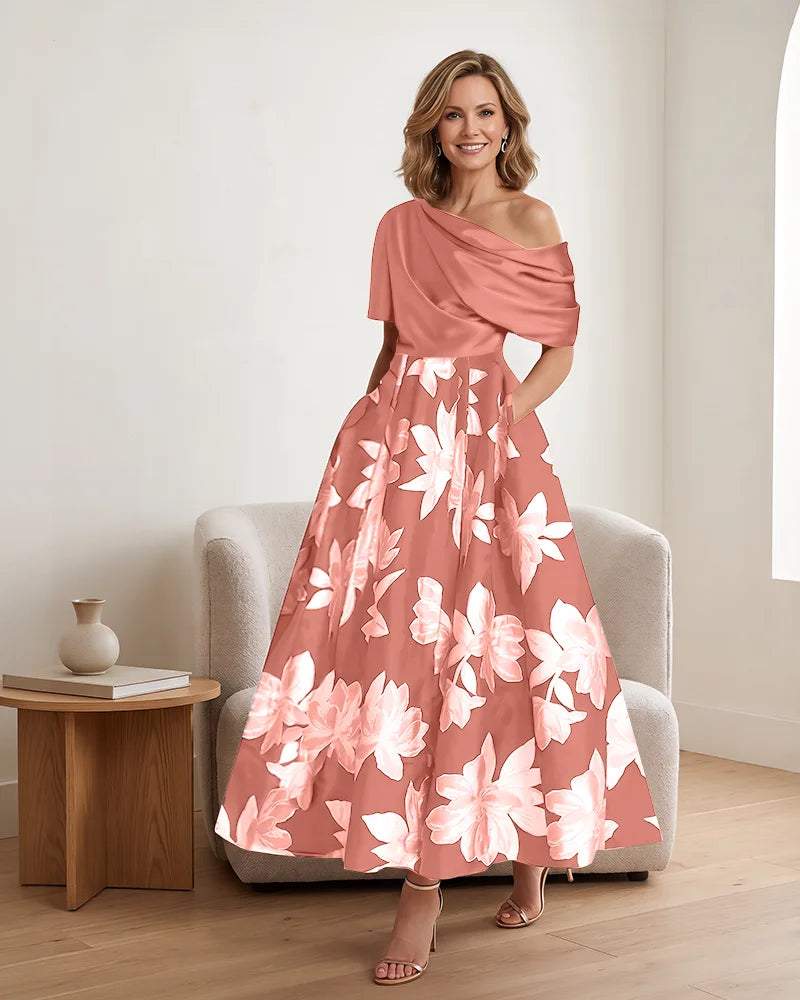 Asymmetrical Draped Bodice Floral Mother of the Bride Dress
