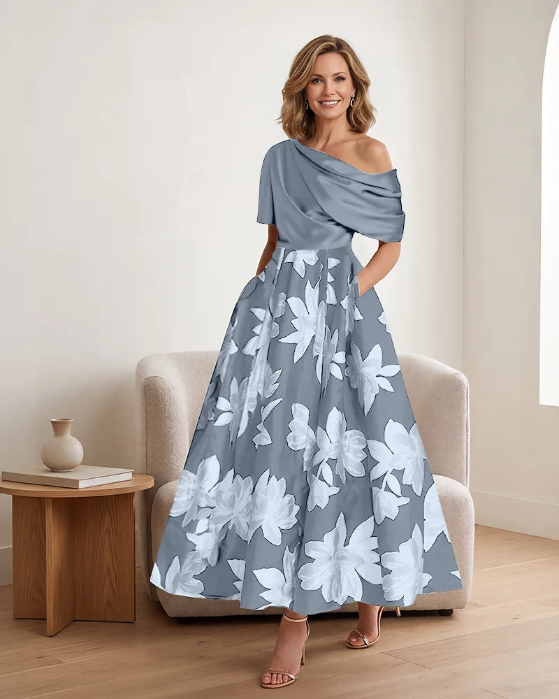 Asymmetrical Draped Bodice Floral Mother of the Bride Dress
