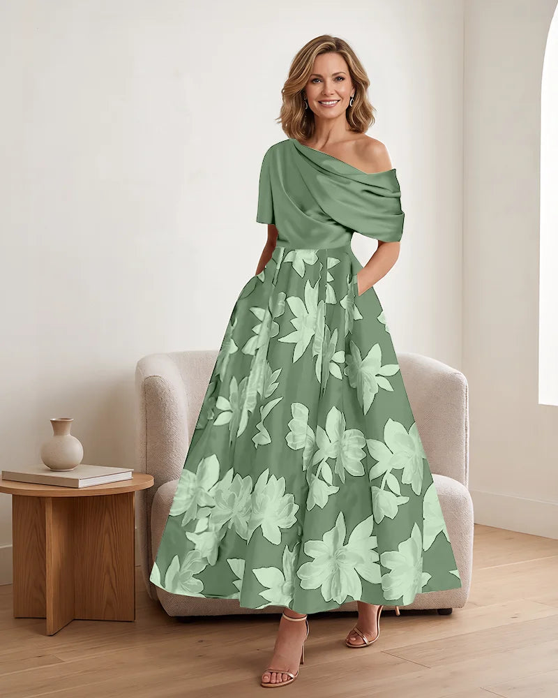Asymmetrical Draped Bodice Floral Mother of the Bride Dress
