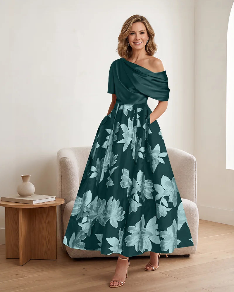 Asymmetrical Draped Bodice Floral Mother of the Bride Dress
