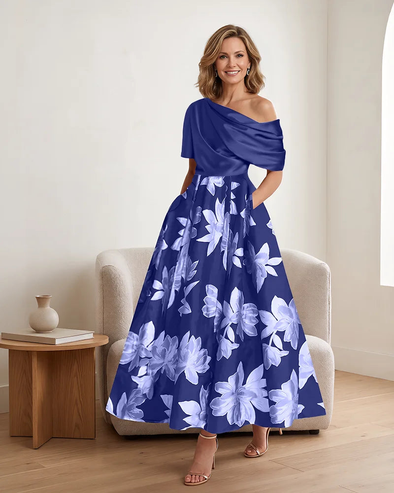 Asymmetrical Draped Bodice Floral Mother of the Bride Dress