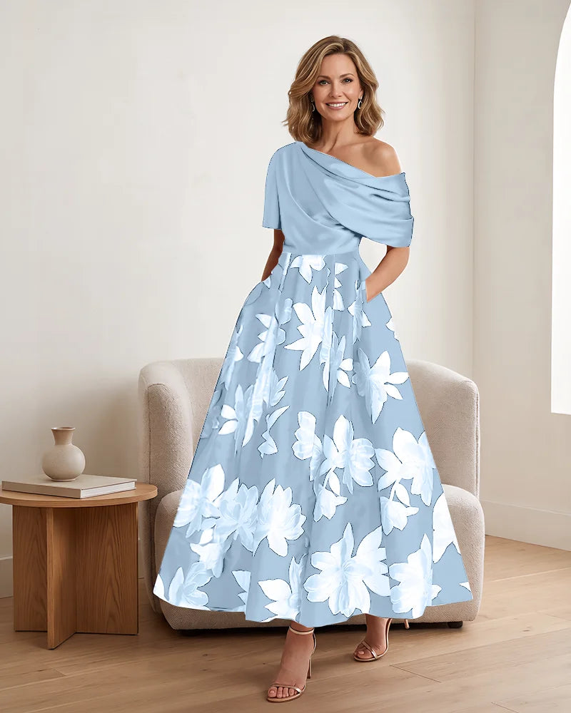 Asymmetrical Draped Bodice Floral Mother of the Bride Dress