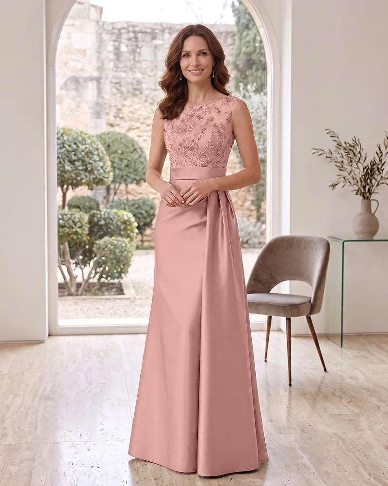 Beaded Lace Bodice Satin Long Mother of the Bride Dress