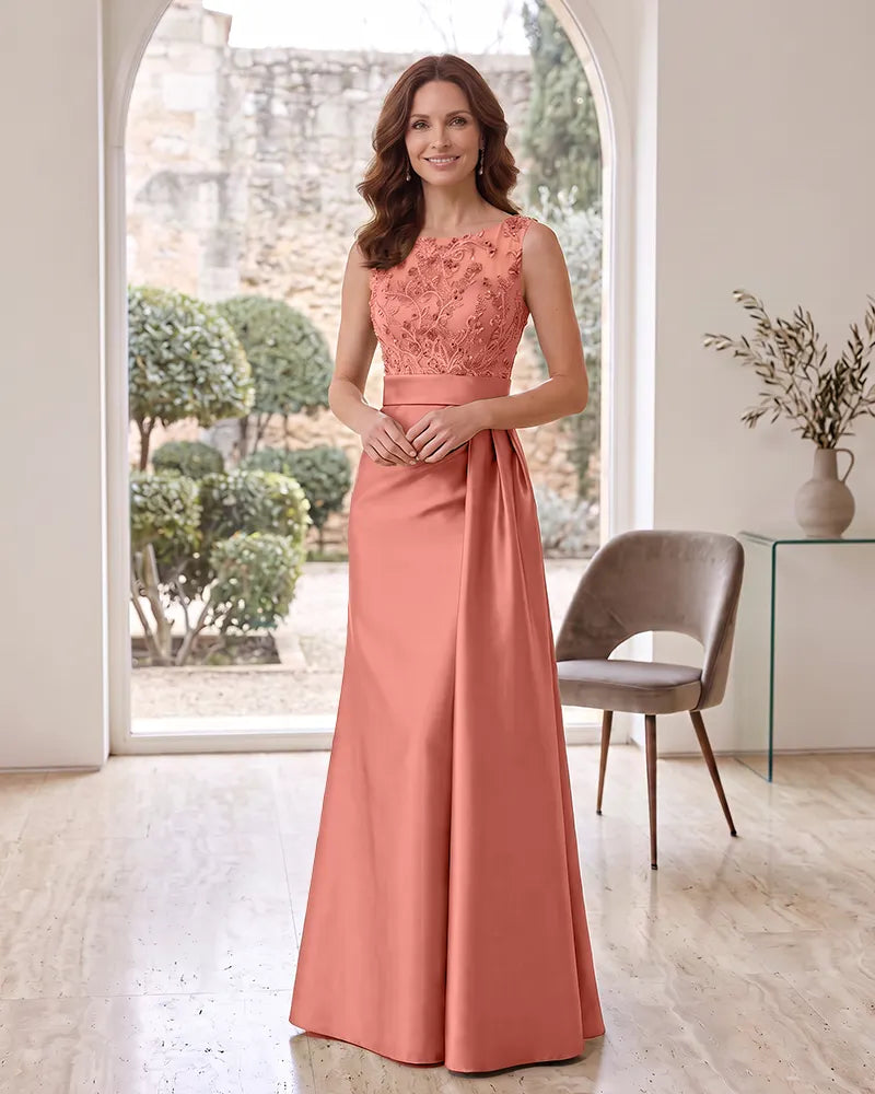 Beaded Lace Bodice Satin Long Mother of the Bride Dress