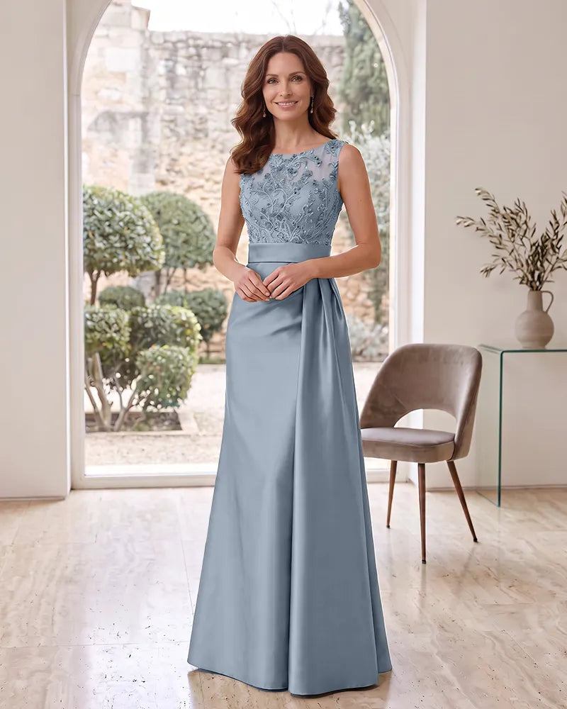 Beaded Lace Bodice Satin Long Mother of the Bride Dress