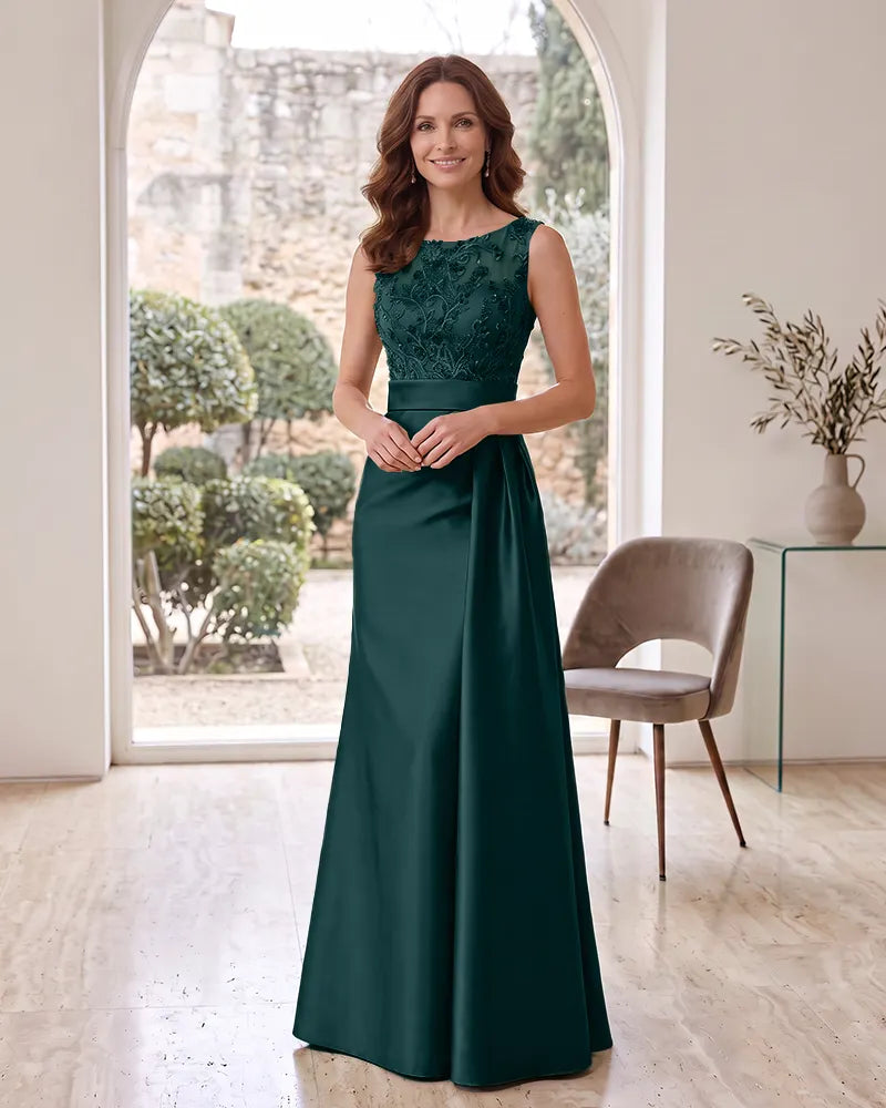Beaded Lace Bodice Satin Long Mother of the Bride Dress