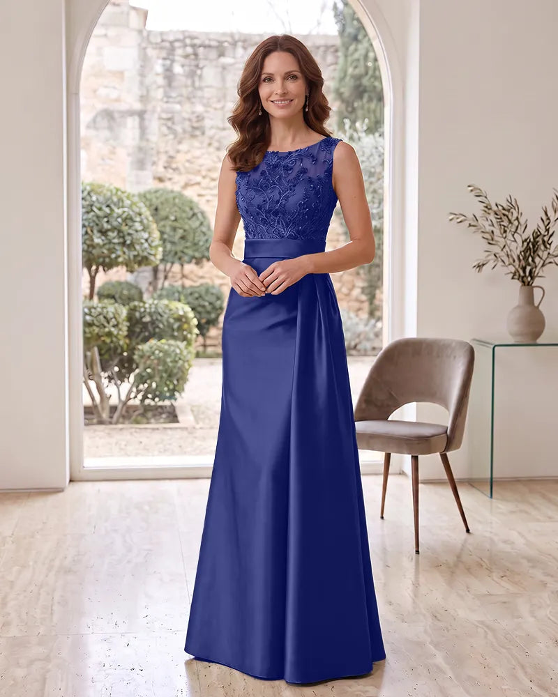 Beaded Lace Bodice Satin Long Mother of the Bride Dress