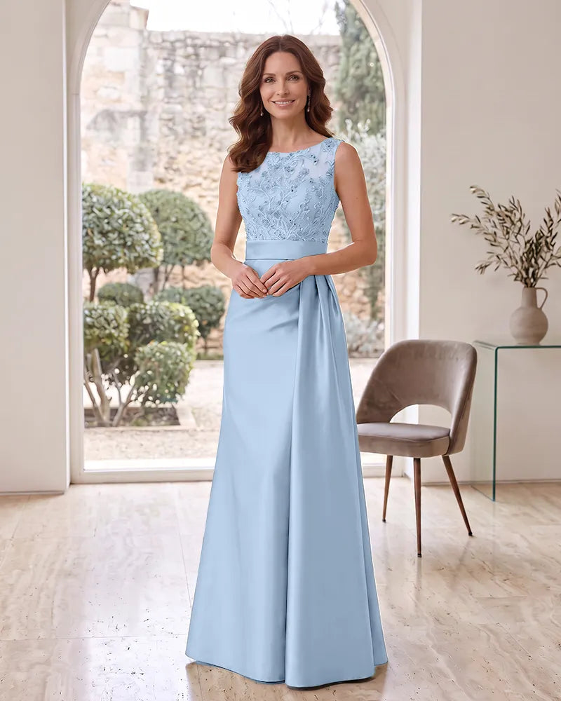 Beaded Lace Bodice Satin Long Mother of the Bride Dress