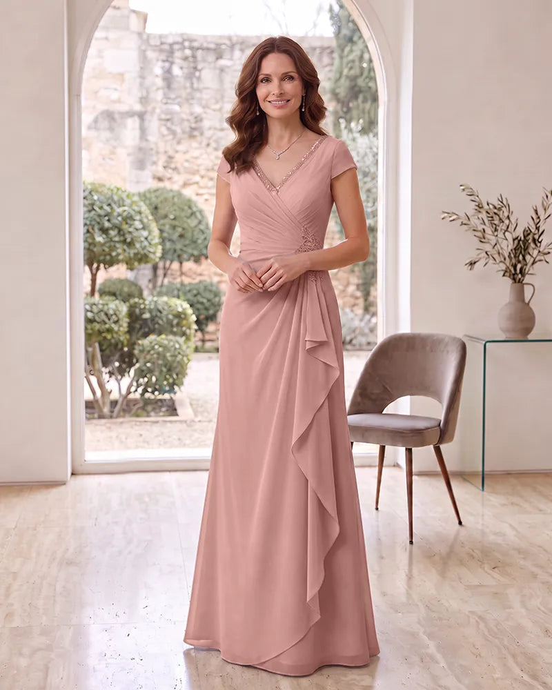 Beaded V Neck Chiffon Mother of the Bride Dress with Ruffle