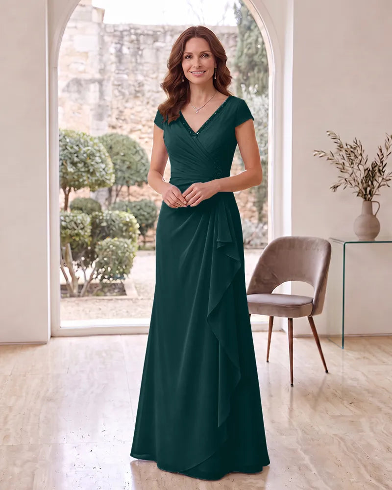 Beaded V Neck Chiffon Mother of the Bride Dress with Ruffle